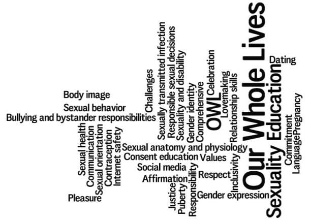 word cloud for Our Whole Lives sexuality education. Words include: body image, sexual behavior, pleasure, consent education, celebration, gender identity, challenges, responsible sexual decisions, respect, justice, inclusivity, gender expression, social media, affirmation, relationship skills