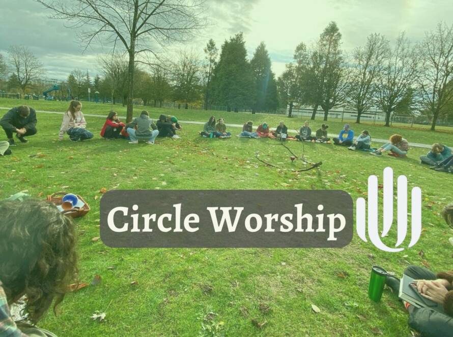 A circle of people sitting on the grass in a park with a chalice lit in the centre. Text reads "Circle Worship"