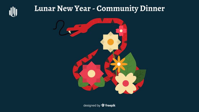 stylized graphic of a red snake among red and yellow flowers. Text reads: Lunar New Yar Community Dinner